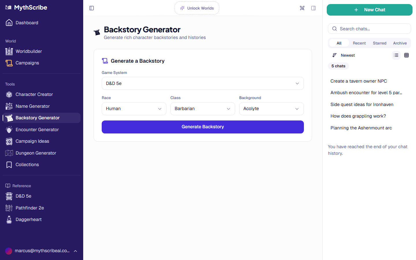Backstory generator with character concept input and AI-generated narrative