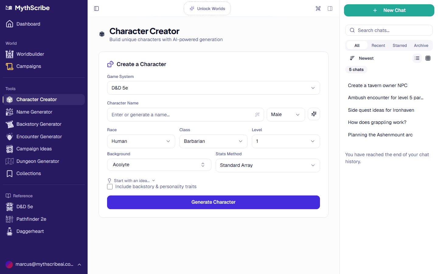 Character creator with full stat blocks, race/class selection, and AI generation