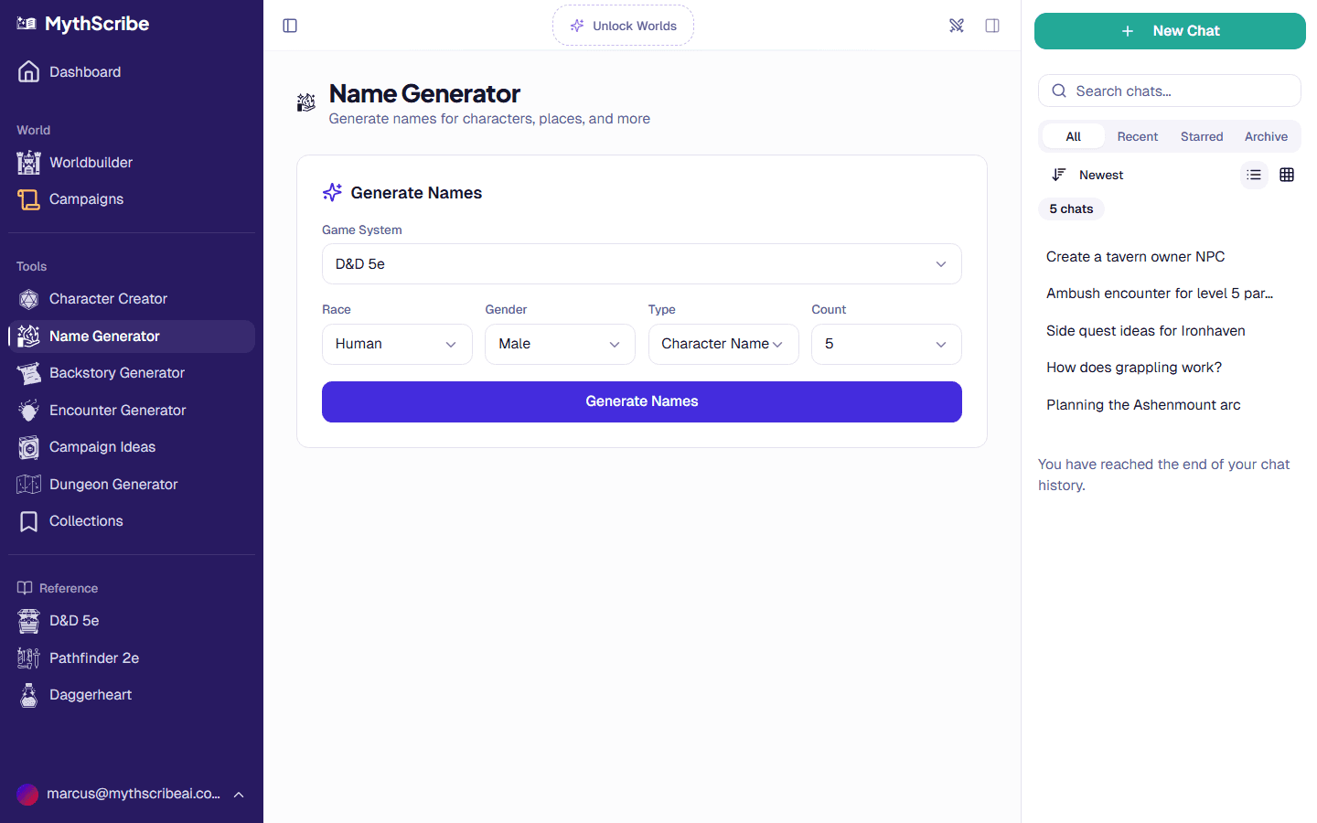 Name generator with race selection and AI-generated lore-appropriate names