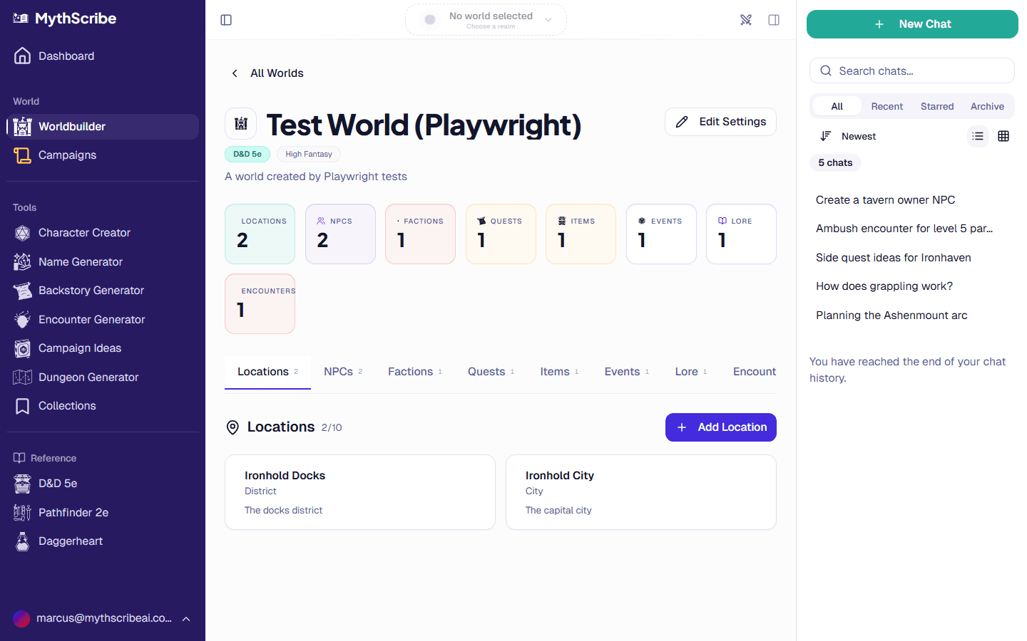 Worldbuilder dashboard with entity cards