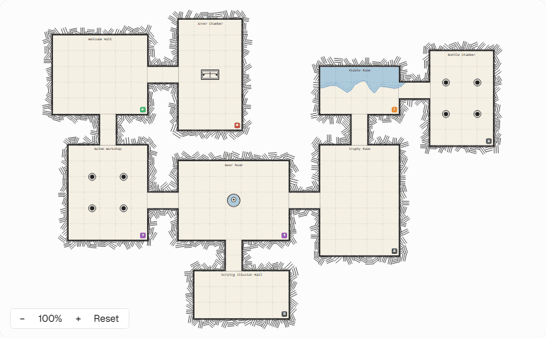 Arcane Sanctum dungeon map with glowing chambers and magical corridors