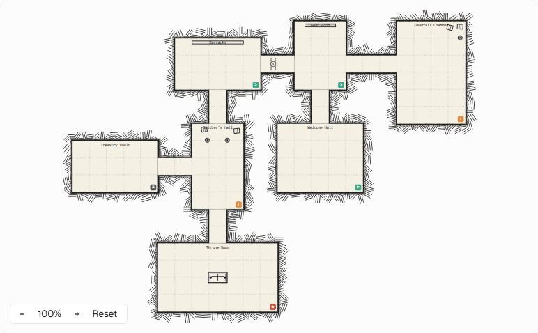 Dwarven Fortress dungeon map with forge halls and stone corridors