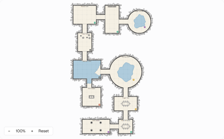 Dungeon map generator showing a hand-drawn style floor plan with named rooms and corridors